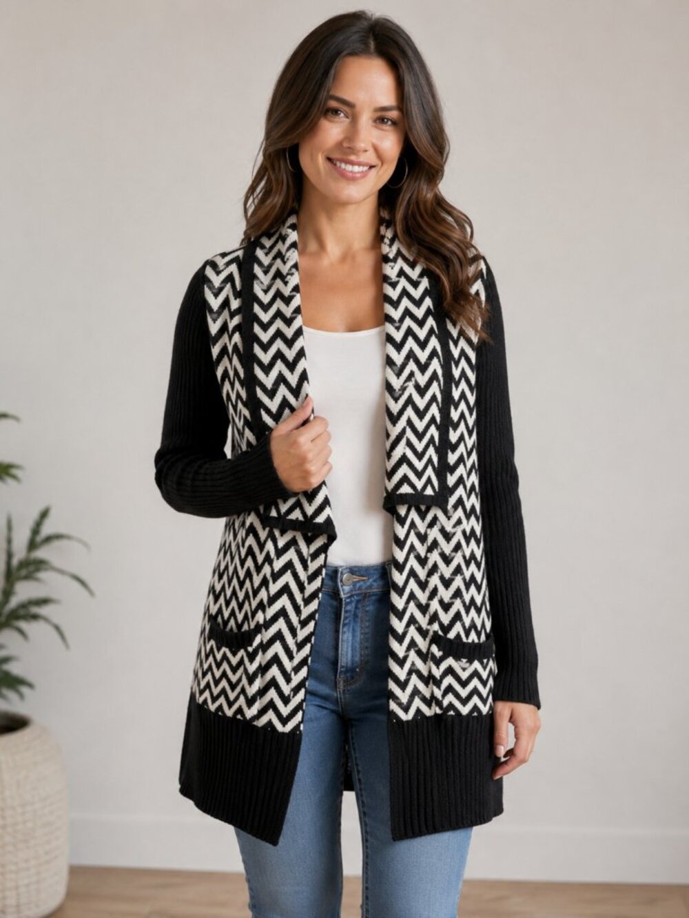 Chico's 1/M Black White Chevron Open Front Long Sleeve Knit Cardigan Sweater